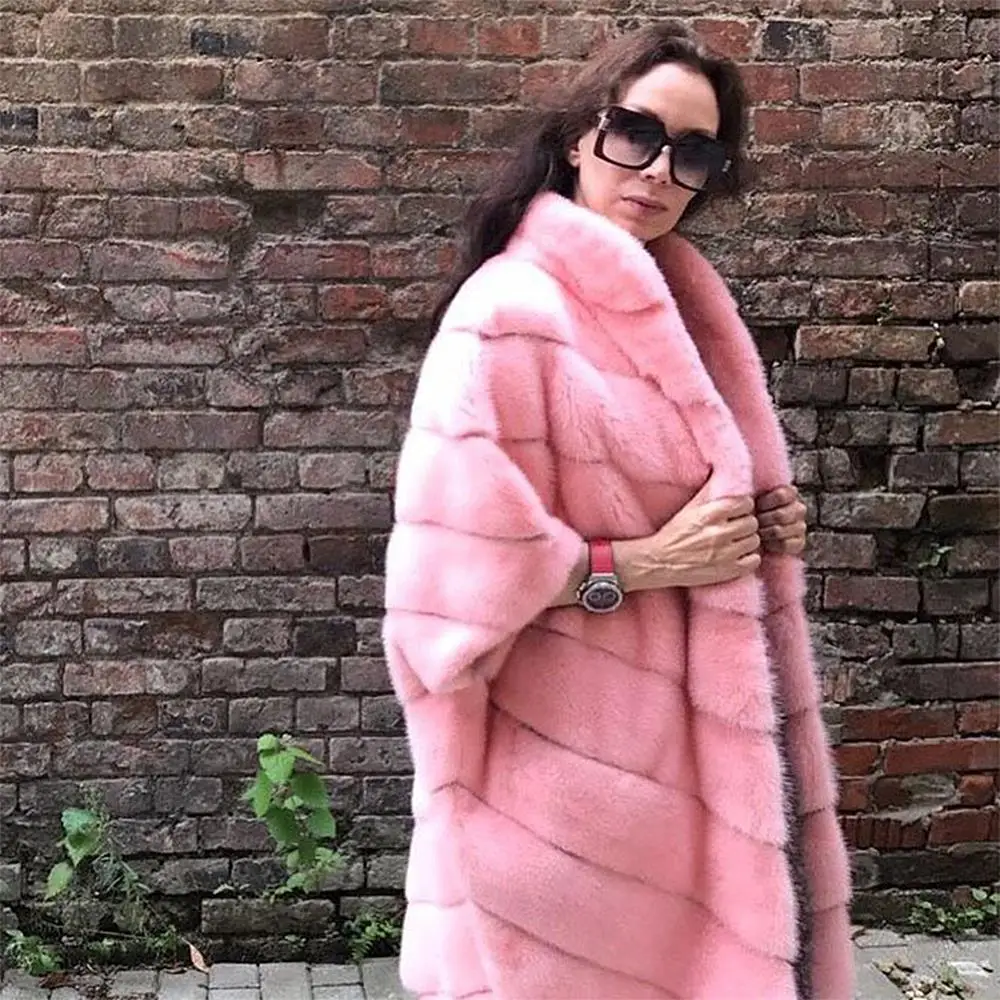 Winter Real Fur Coat Women Plus Size Pink Overcoat With Lapel Collar Genuine Leather Jacket Mink Fur Coat Lady Top-grade Outwear