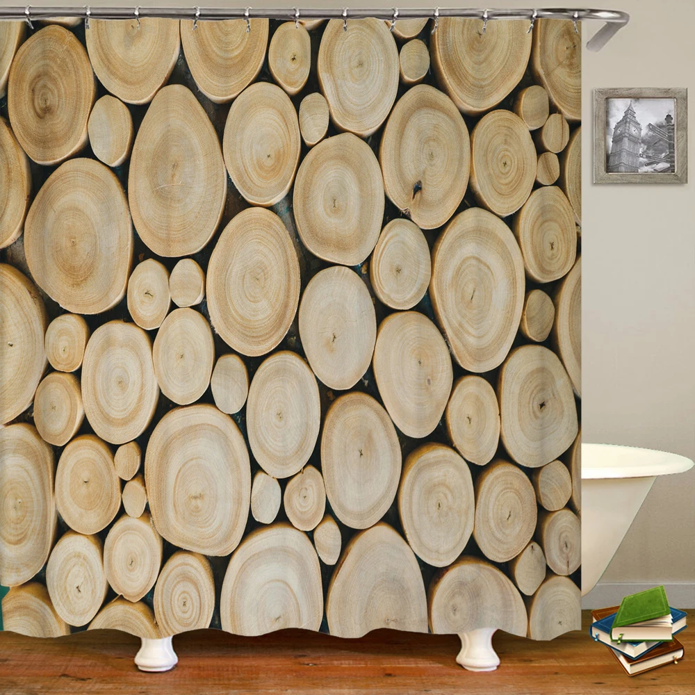 

Waterproof Shower Curtain Bathroom Curtain Nordic Style Retro Rural Wooden Strip Printed Polyester Home Decor Curtain with Hook
