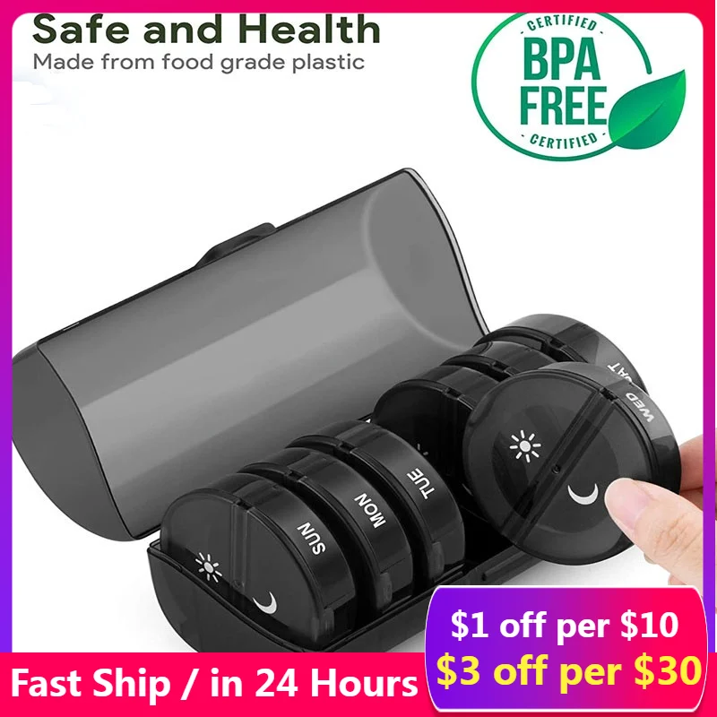 

7pcs Pill Box Wheat Sealed 10 Grids Pill Container Organizer Health Care Drug Travel Divider 7 Day Pill Storage Travel Pill Case