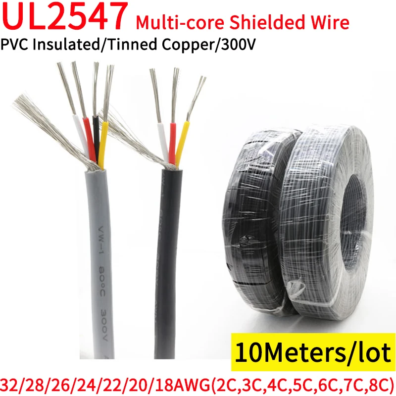 

10M 30 28 26 24 22 20 18 AWG UL2547 Shielded Wire Channel Audio 2 3 4 5 6 7 8 Cores Headphone Control Copper Signal Cable