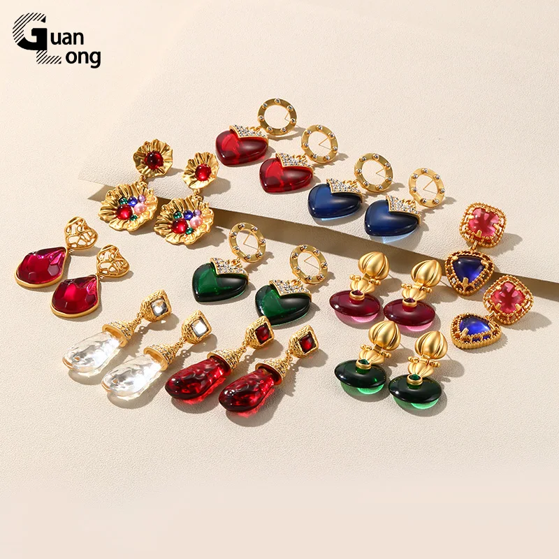 Винтажные большие висячие серьги GuanLong золотого цвета для женщин, Длинные Цветочные Элегантные висячие серьги с кристаллами, свадебные ювелирные изделия