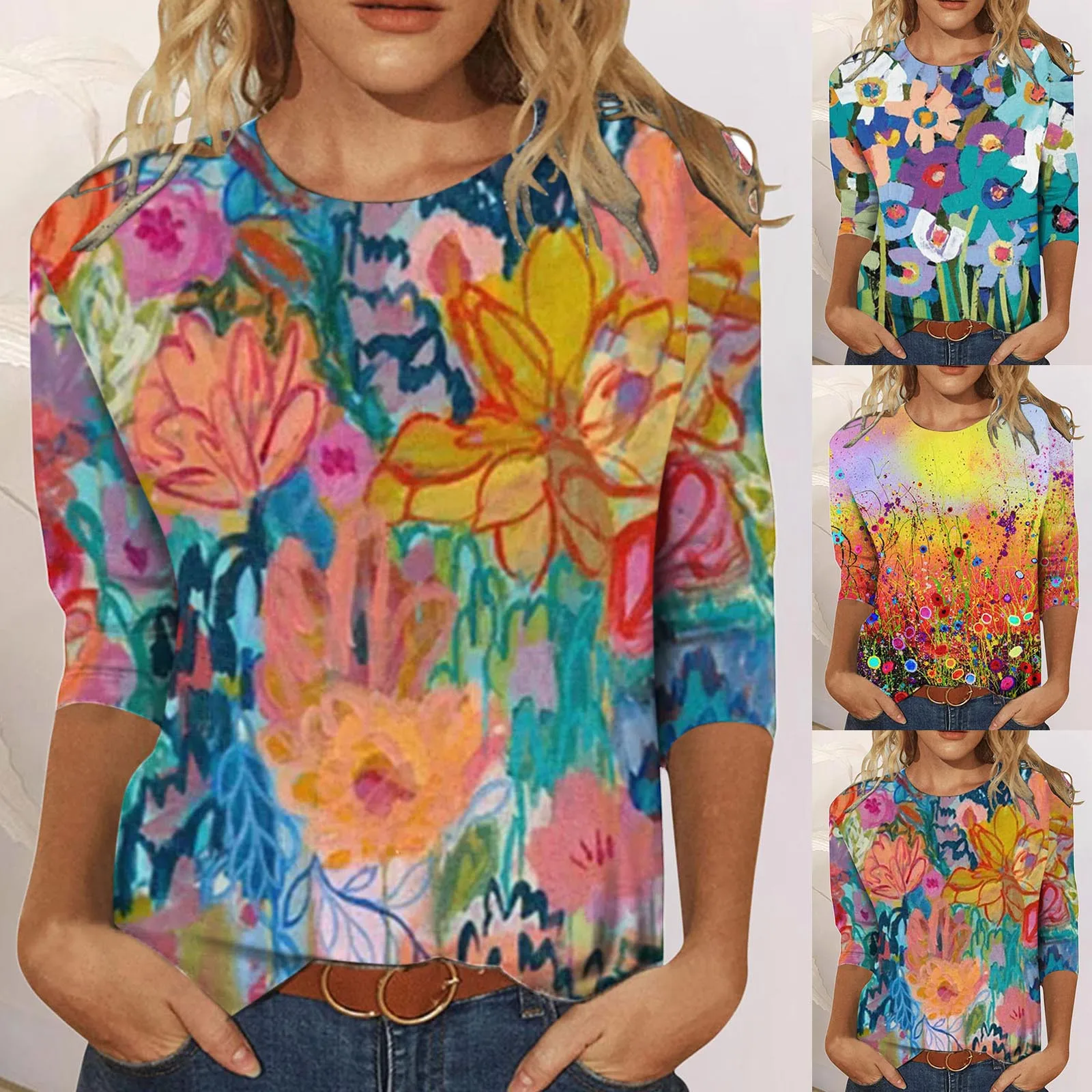 

Женская хлопковая блузка с длинным рукавом, круглым вырезом и цветочным принтом