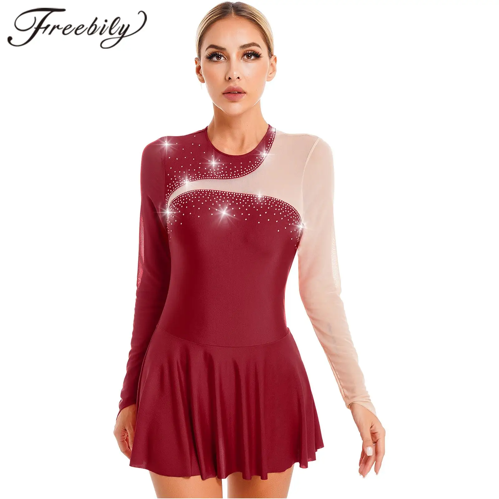 

Women Figure Skating Jumpsuit Ice Skating Ballet Lyrical Dance Dresses Rhinestone Sheer Mesh Patchwork Long Sleeve Leotard Dress