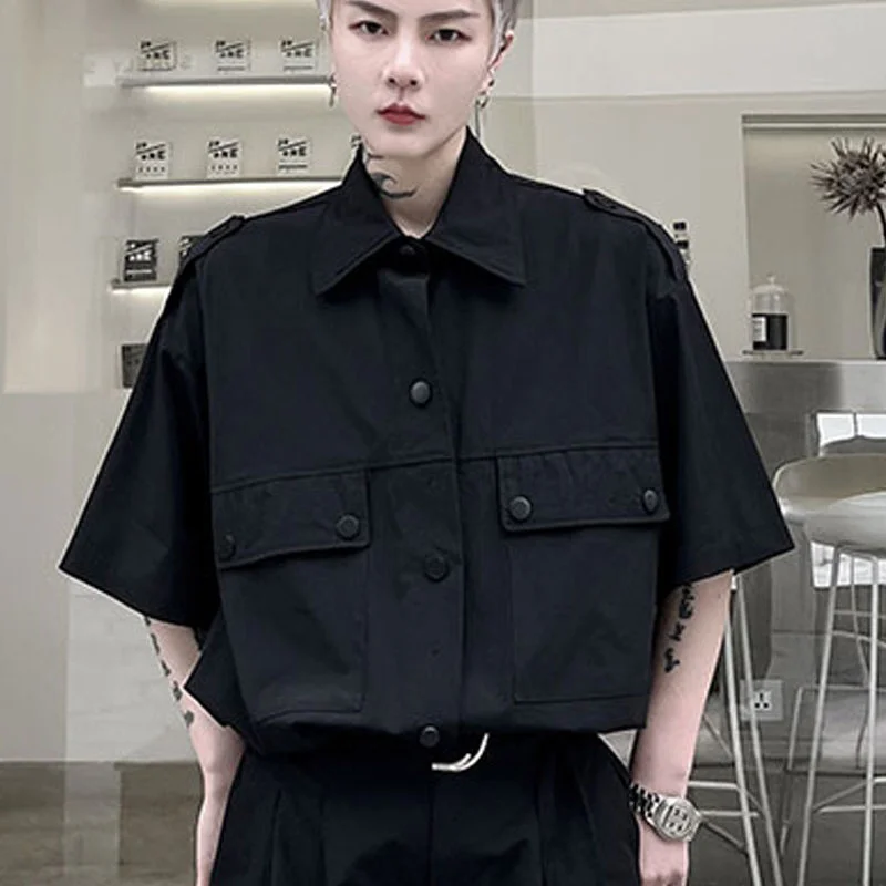 Men's Loose Black Casual Large Designer Pocket Decoration Youth Fashion Short Sleeve Shirt