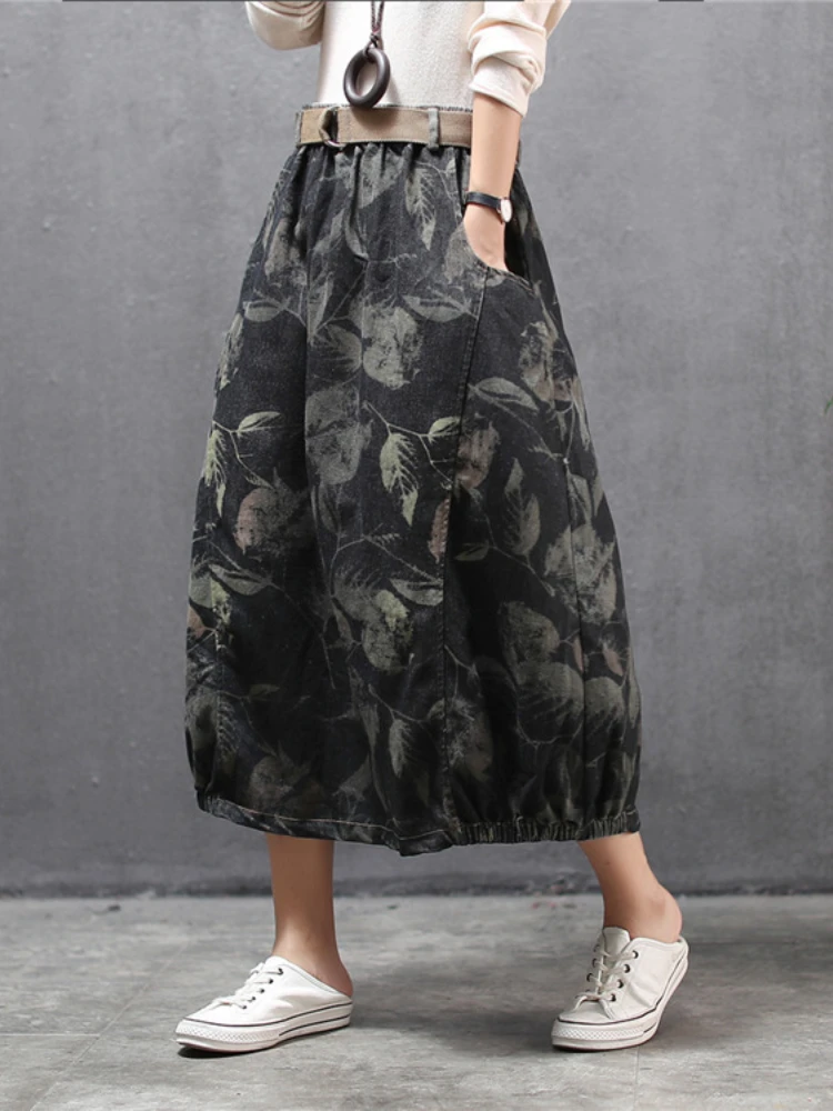 Женская джинсовая юбка с цветочным принтом свободного покроя | Юбки