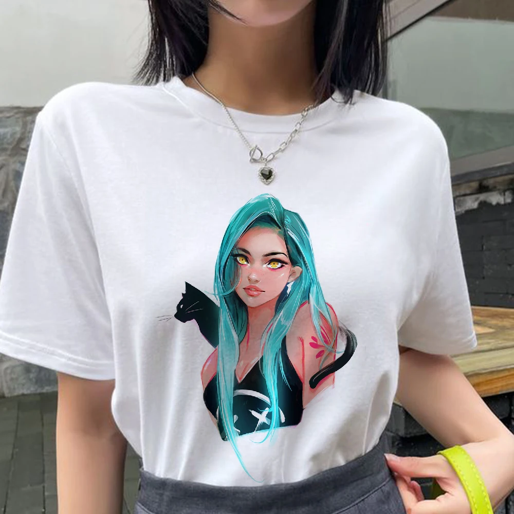 

Feather Step Summer Casual Tops Tee 90s Girls Harajuku Cute Women T-shirts Fashion Woman T Shirt Witch Cat and Girl Printed