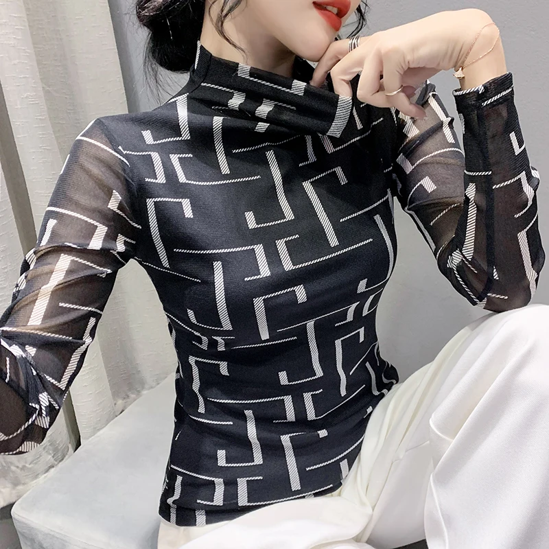 

Spring Fall European American Clothes Mesh T-Shirt Chic Sexy Turtleneck Print Street Elegant Women's Tops Long Sleeve Tees 9382