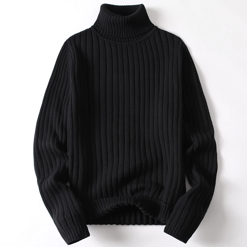 Winter Men's Turtleneck Sweater Trendy Slim Fit Thickened Base Cotton Knitwear Youth Long Collar Solid Color Cable-Knit Sweater