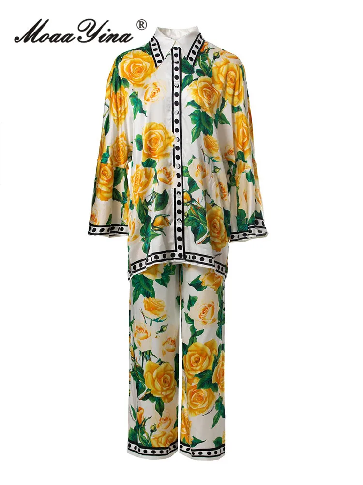 Женский Брючный комплект MoaaYina Летняя туника с цветочным принтом и широкие брюки