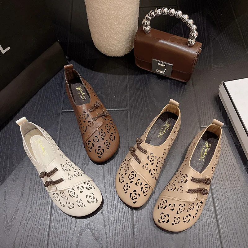 elegant flat shoes women's summer cutout loafers ladies leather moccasins woman slip ons mother green flats shoes free shipping