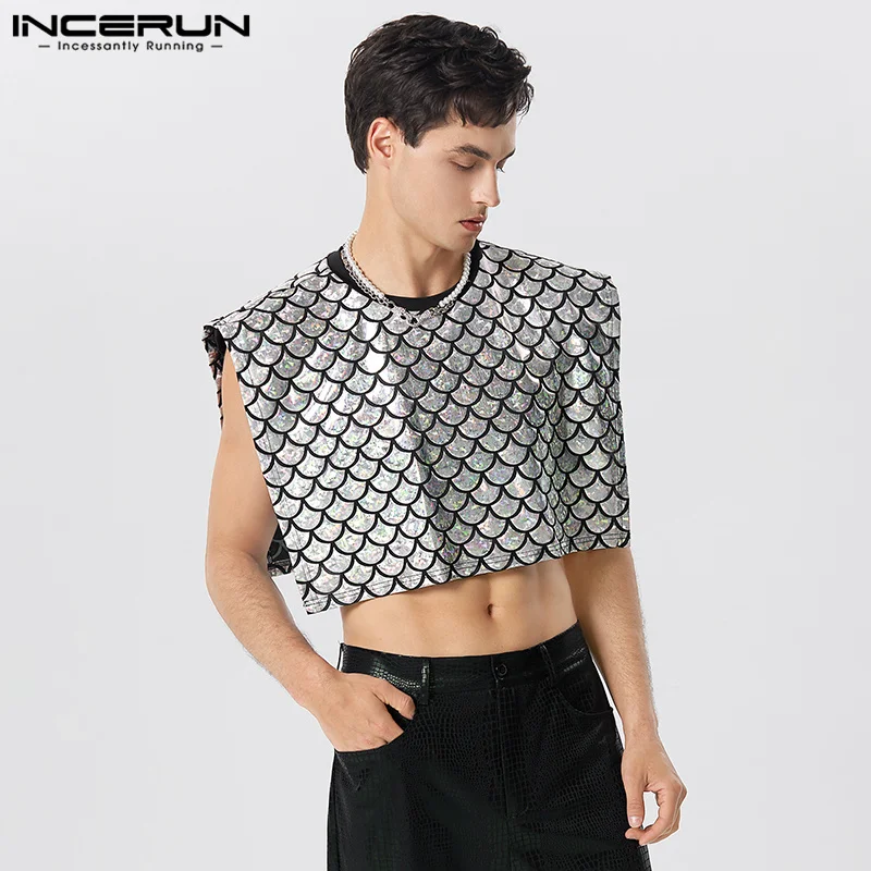 

2023 Men Tank Tops Sparkling O-neck Sleeveless Split Irregular Vests Men Streetwear Shiny Party Fashion Crop Tops S-5XL INCERUN