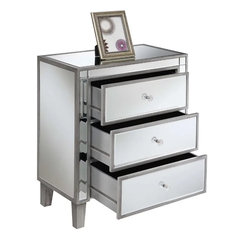 

Gold Coast Large 3 Drawer Mirrored End Table , Antique Silver