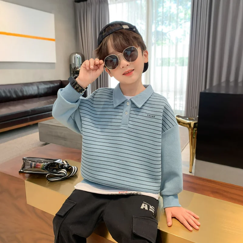 

Boys' Hoodie Polo Collar Spring and Autumn Top Middle School Children's Clothing Handsome Bottom Casual Boys Spring & Autumn