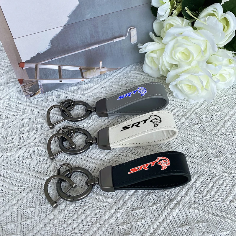 

For Dodge SRT 4 8 Car Accessories Custom Logo Top Layer Cowhide Key Chain Keyrings Lanyard For SRT Dodge