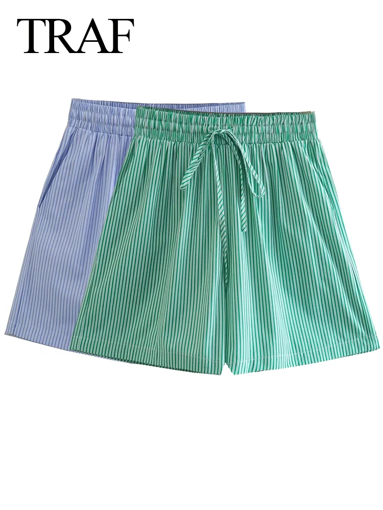 

Летние модные полосатые шорты TRAF 2022, Женская эластичная шнуровка, Повседневная Свободная универсальная одежда для офиса, повседневная женс...