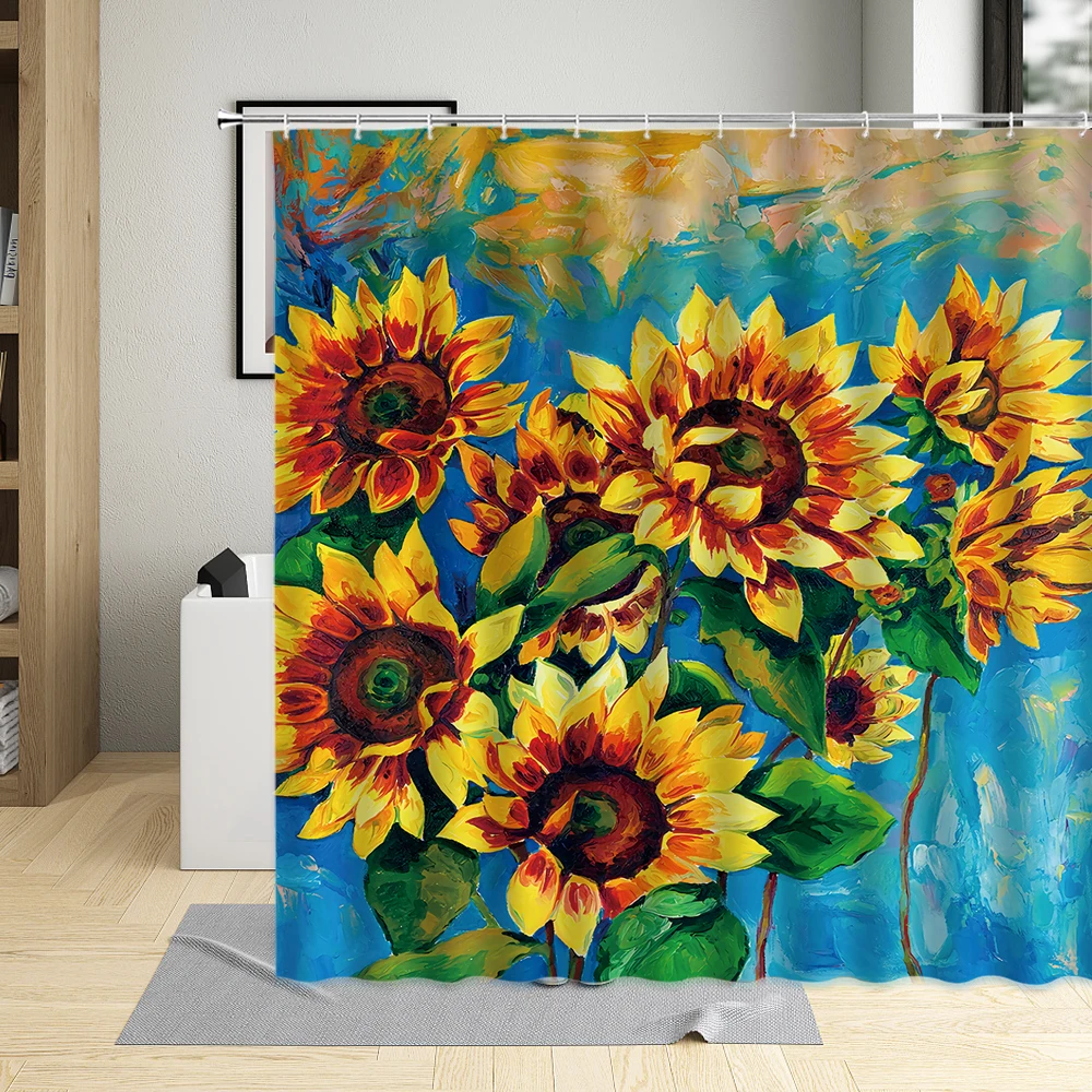 

Oil Painting Sunflower Bathroom Curtains Retro Pattern Flowers Home Decor Screen with Hooks Waterproof Bathtub Shower Curtain