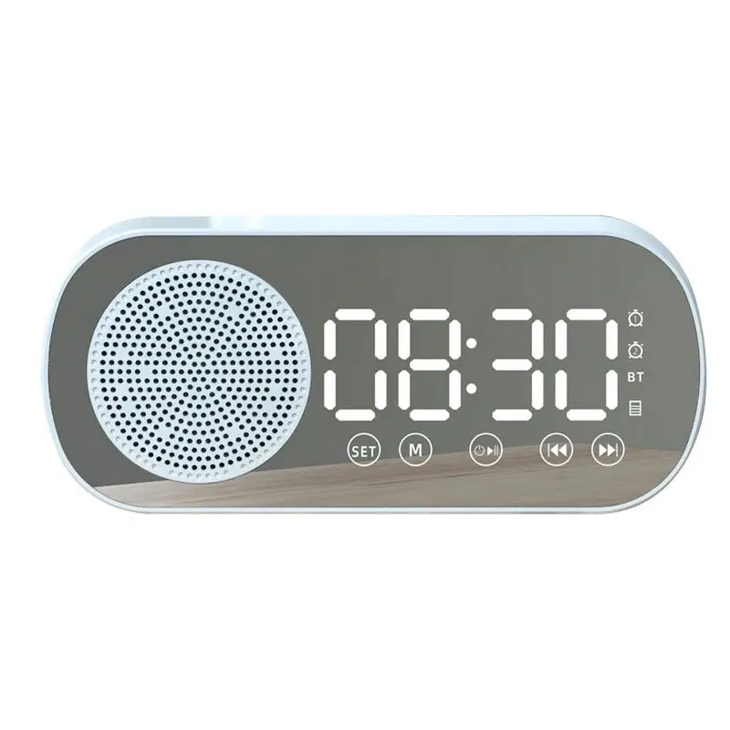 

Wireless Bluetoothes Speaker with FM Radio HD LED Mirror Digital Clock Night Light Desktop USB Alarm Clock TF Card Music Player