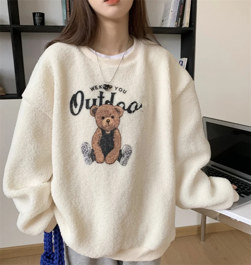

Winter Plus Velvet Thickening Lamb Fleece Warm Long Sleeve Women Hoodies Sweatshirt Korean Cute Cartoon Bear Embroidery Hoodie