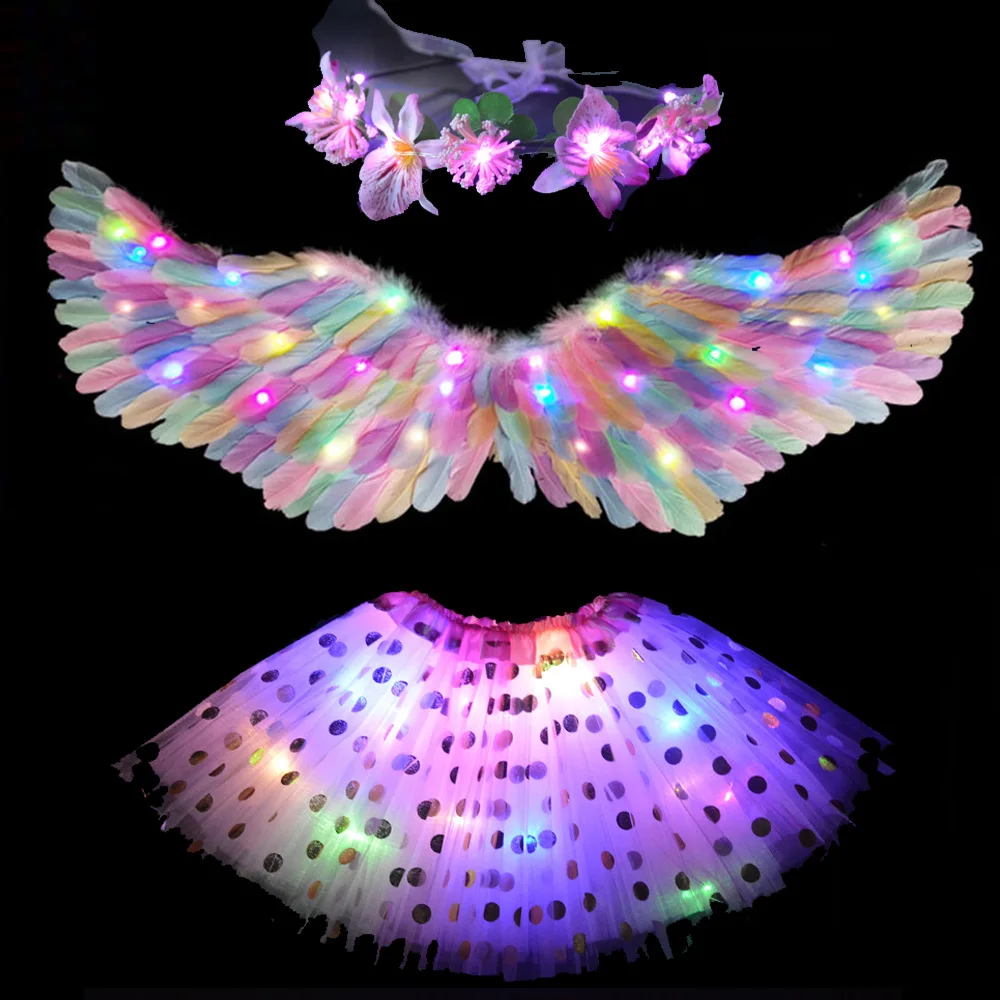 Girl Women Kids Adult LED Light Up White Feather Wing Angel Halo Glow Party Princess Costume Gift Birthday Wedding Props Cosplay images - 6