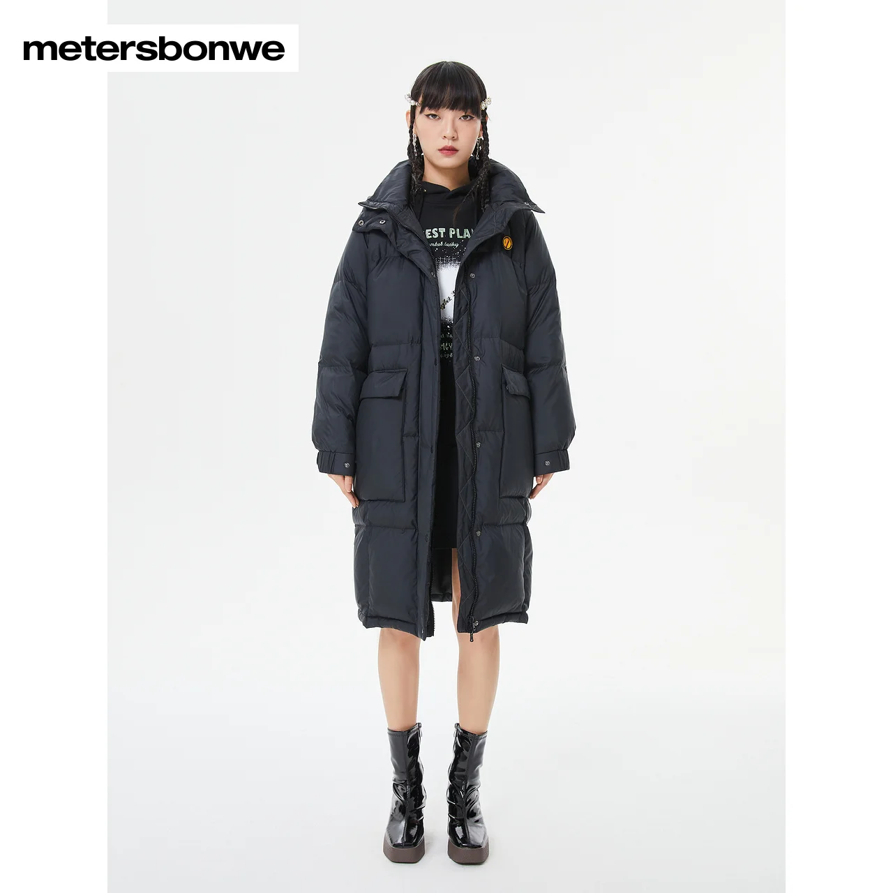 Metersbonwe Solid Color Keep Warm Long Down Wear For Women Loose 80% Gray Duck Down Wear Hooded High Quality Winter Down Jackets