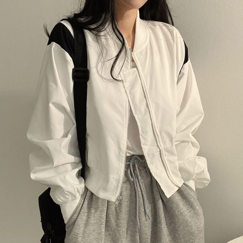 

Streetwear Zipper-Up Cropped Jacket for Women 2023 Long Sleeve Loose Bomber Jackets Woman Korean Fashion Pocket Outerwear Ladies