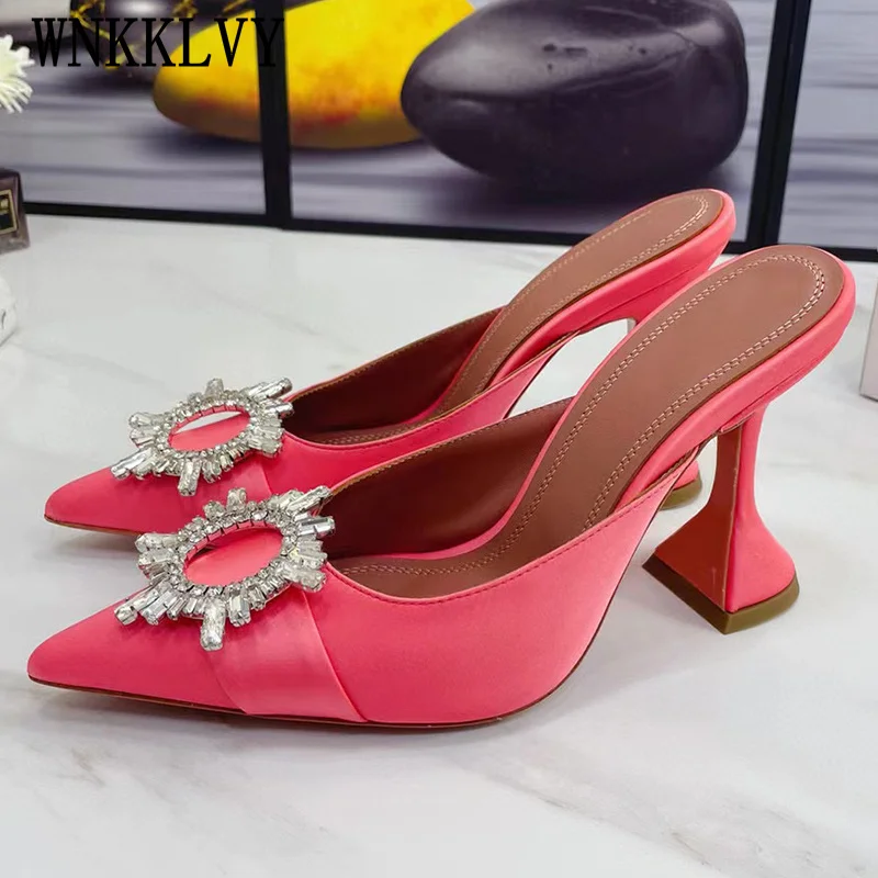

Runway Dress Satin Slippers Women's Shoes Summer Sun Flower Rhinestones High Heeled Shoes Wedding Reception Bridesmaid Shoes