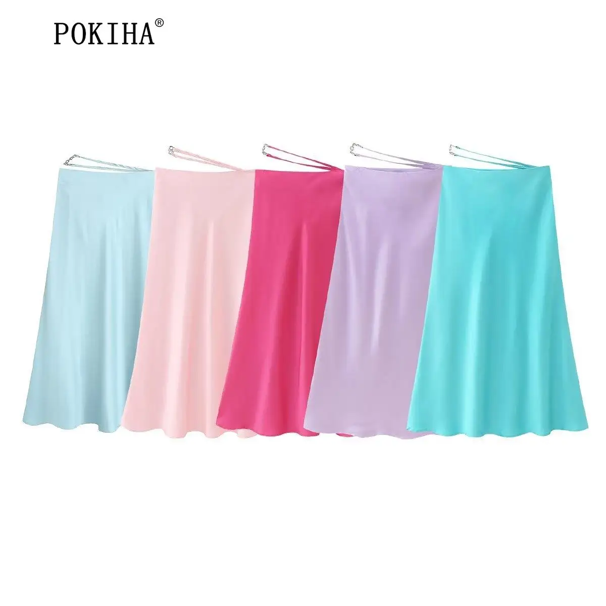 

Pokiha Fashion Women Solid Color High Waisted Soft Satin Casual A-line Midi Skirt Faldas Mujer Female Chic Side Zipper Vestidos