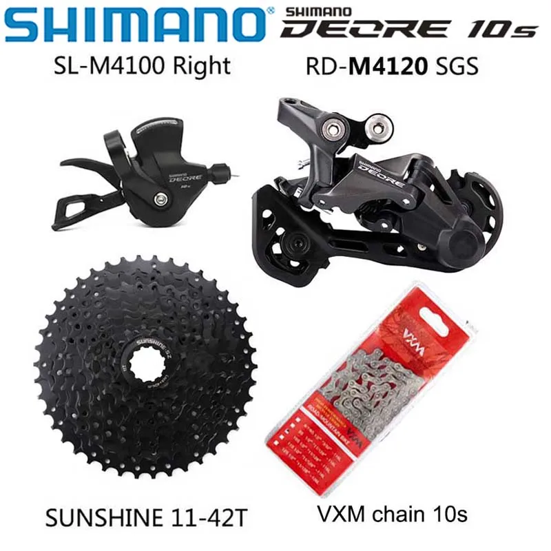 

10-скоростной групповой набор SHIMANO DEORE включает переключатель передач M4100 M4120/M5120, задний переключатель солнечного света, кассета 42T 46T 50T и VXM ...