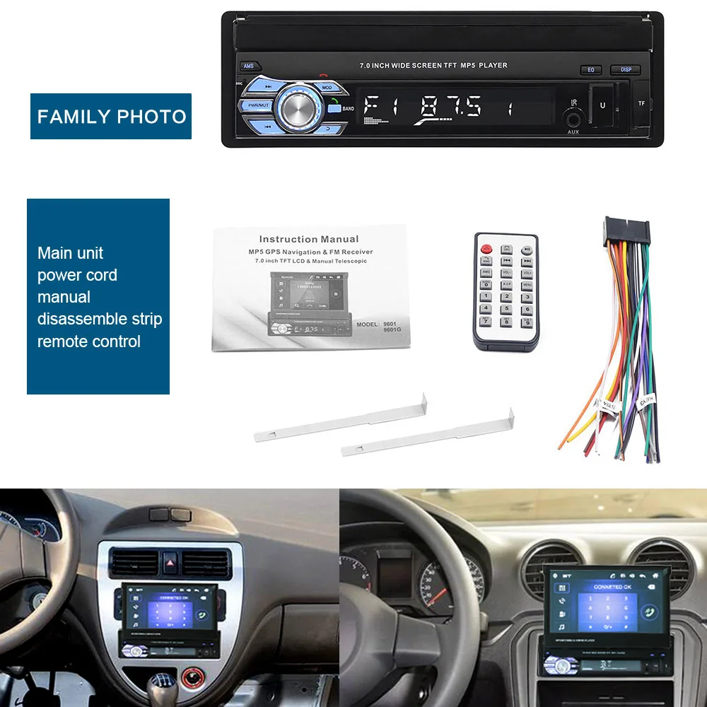 Hikity 1 Din Car Stereo audio Radio Bluetooth 1 DIN 7" HD Retractable Touch Screen Monitor MP5 SD FM USB Player Rear View Camera images - 6