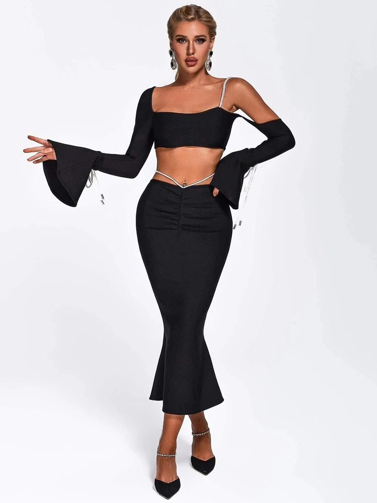 Sexy Off Shoulder Flared Long Sleeve Crop Top + Midi Mermaid Skirt Bandage 2 Piece Set Elegant Black Bodysuit Bandage Suit Party