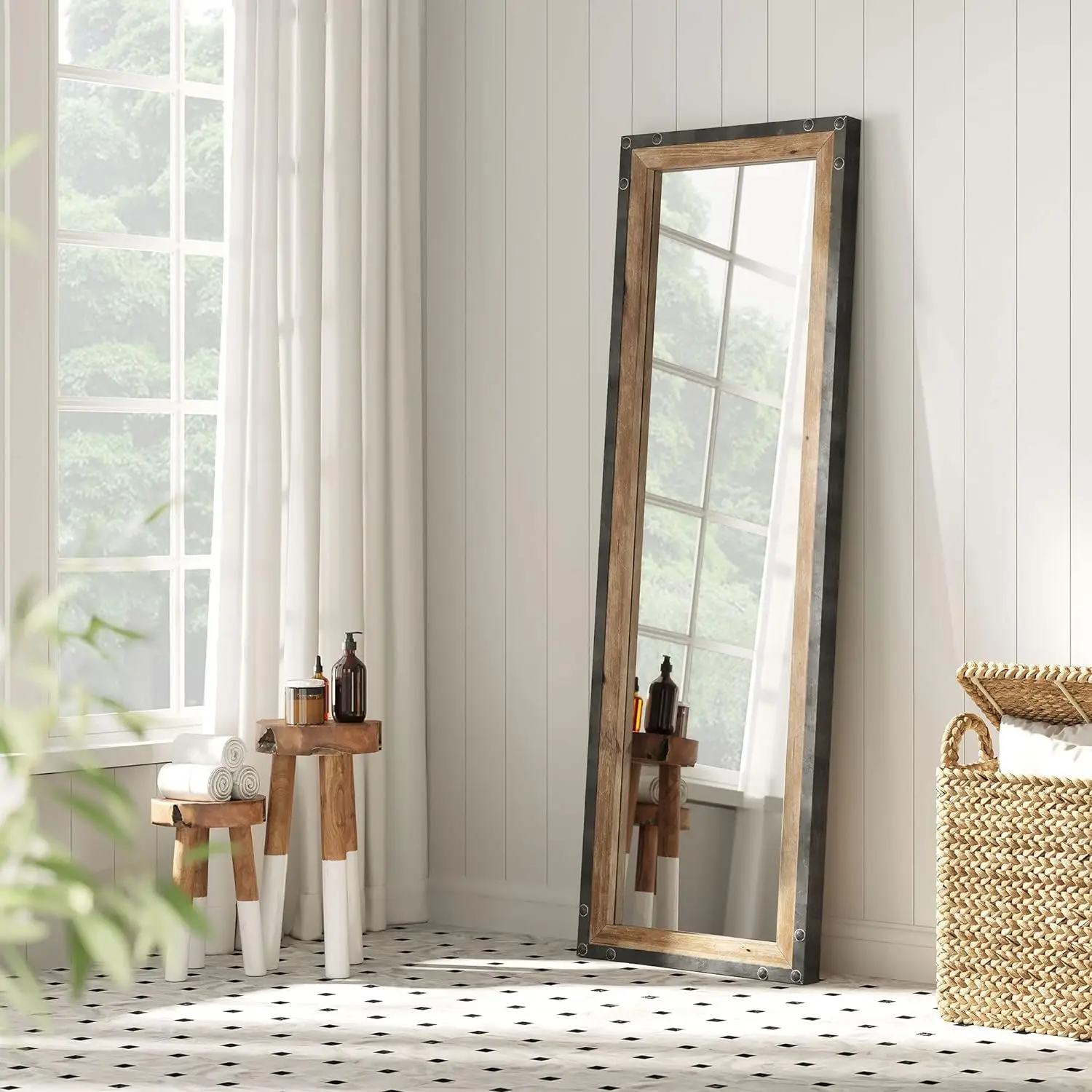 

Leaner Floor Mirror Full Length, Large Rustic Mirror, Free Standing Leaning Hanging Wood and Metal Mirror Full Size, Farmhouse