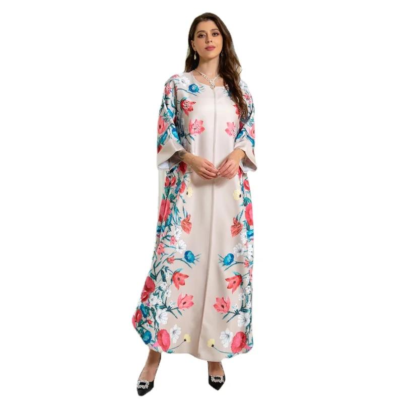 Saudi Women Abayas Retro Floral Print Beading O-Neck Long Dresses 2023 Spring Summer Casual Party Chic Dress Elegant Robe