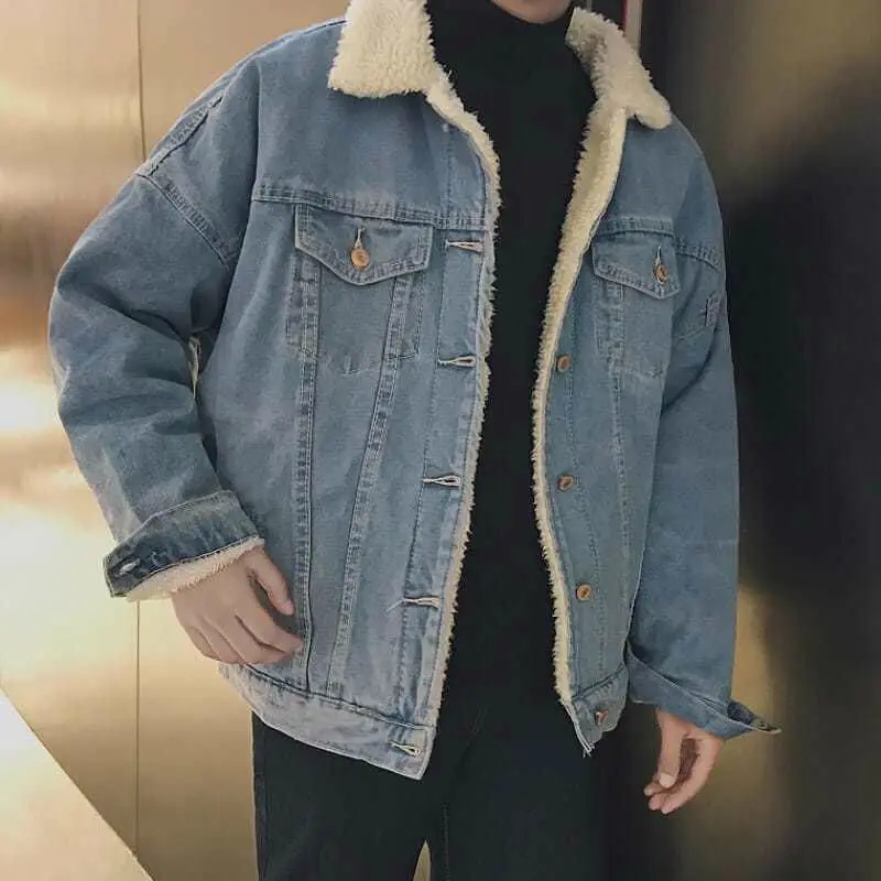 

Winter new tide men with velvet denim coat Korean version of loose fashion lapel denim clothes with thick warm jacket men