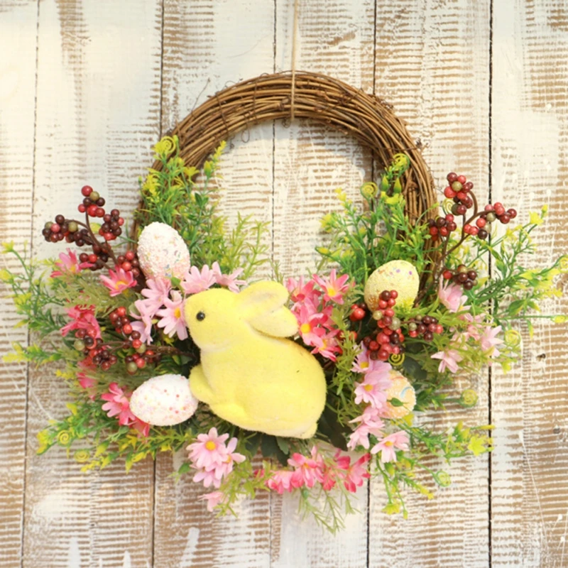 

2022 Sale Easter Garland Decoration Pendant Natural Plant Easter Egg Simulation Bunny Wreath with Lights Party Ornaments