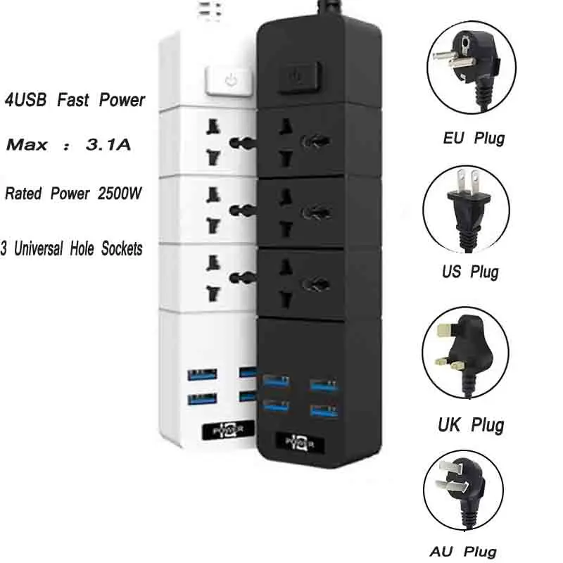 

Smart Power Strip 10A/2500W 3 AC Socket EU/UK/US Plug 4 USB Fast Charging 2M Extension Cord Socket Network filter with usb