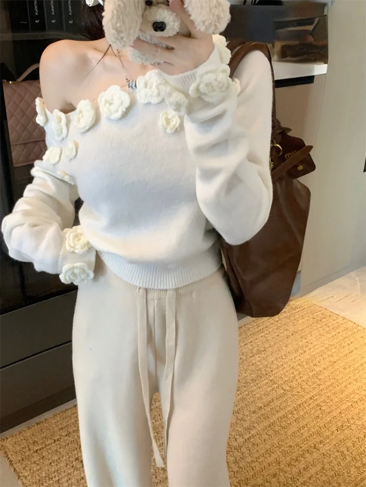 Ezgaga вязаный свитер для женщин с цветами открытыми плечами диагональный воротник