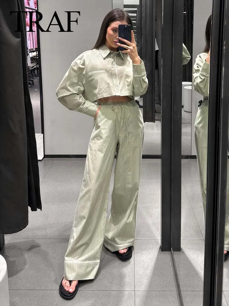 

TRAF Women Fashion Suit Solid Stripe Turn Down Collar Long Sleeve Cropped Shirt + Lace Up Elastic High Waist Wide Leg Mujer Pant