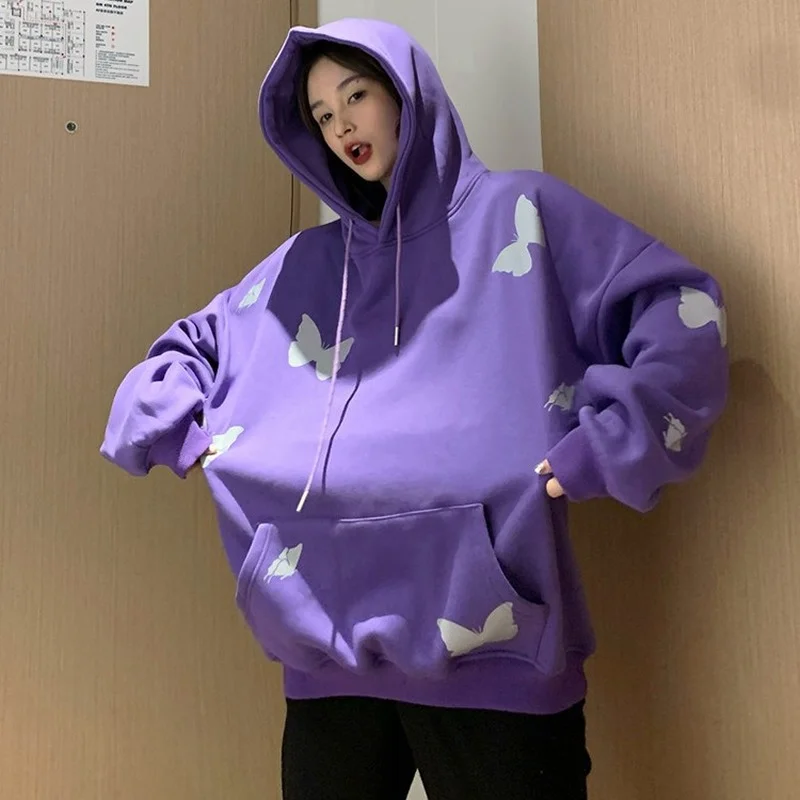 Reflective Butterfly Hooded Sweatshirts Women Thick Fleece Loose Casual Pullovers Autumn Winter Big Pocket Leisure Warm Hoodies