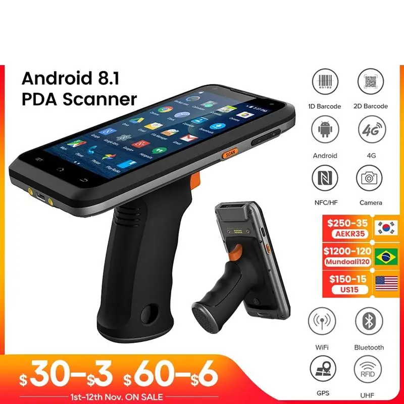 

Ручной сканер штрих-кода на Android 8,1, 1D лазерный 2D считыватель QR-кода, портативное устройство для сбора данных с рукояткой, стандартный RFID