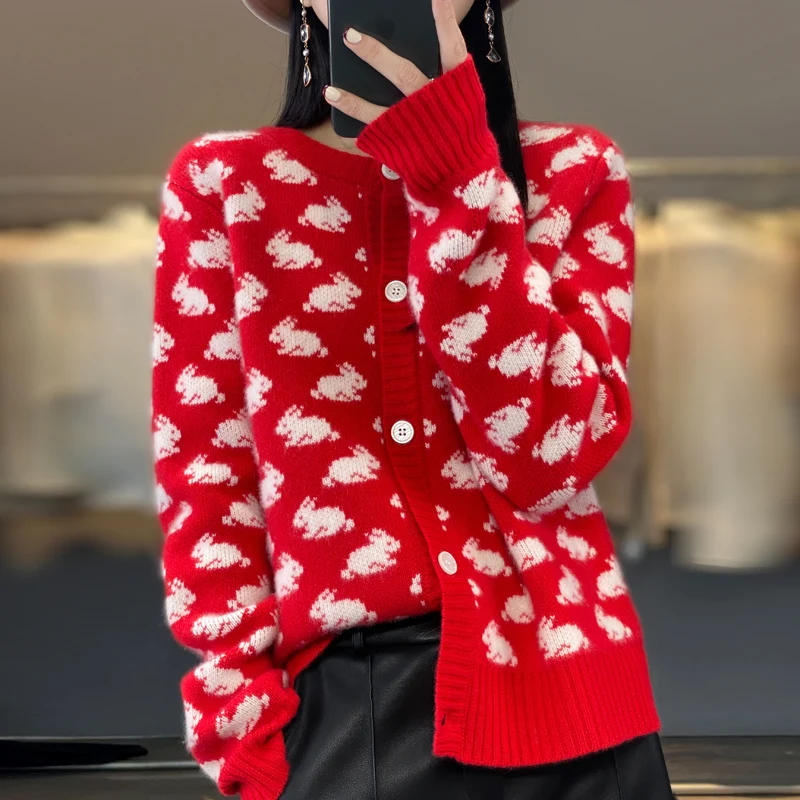 Autumn And Winter Women's High-End 100% Wool Round Neck New Year Rabbit Pattern Knitted Cardigan Is Fashionable, Elegant And Hot