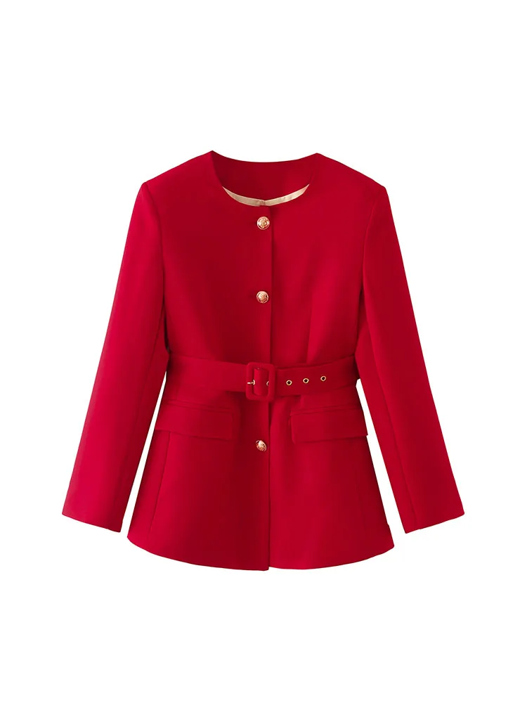 

BM&MD&ZA Women 2022 New Fashion red belt Single-breasted Blazer Coat Vintage Long Sleeve Pockets Female Outerwear Chic
