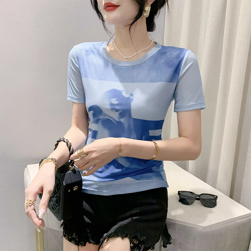 Летняя одежда Ozhouzhan новая модная футболка с принтом Женский облегающий топ