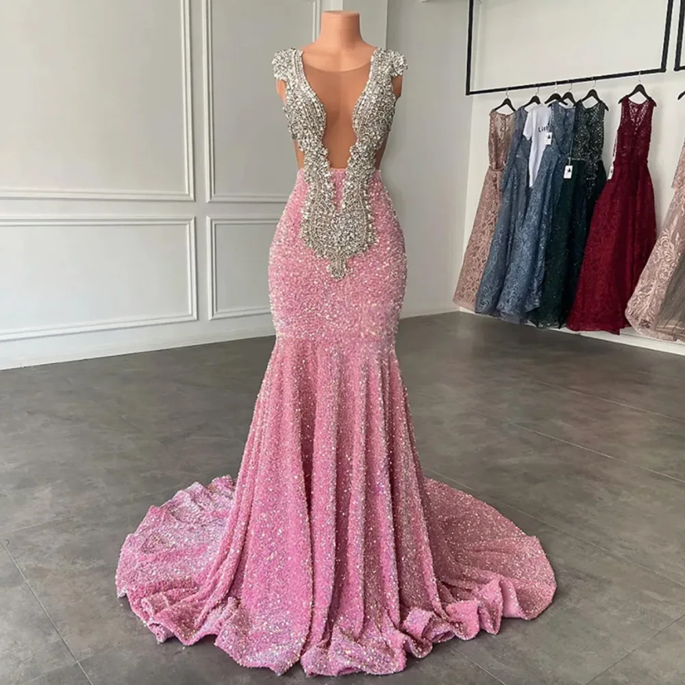 

New Gorgeous Mermaid Prom Party Gown Scoop Floor-Length Sweep Train Crystal Beaded Sequined long Plus Size Illusion Custom