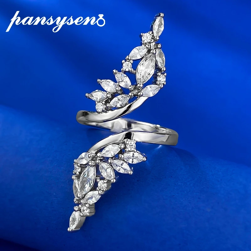 

PANSYSEN Sparkling 925 Sterling Silver Marquise Cut High Carbon Diamond Gemstone Open Ring Wedding Engagement Fine Jewelry Gifts