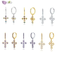 cross hoop earrings for women 925 sterling silver ear needle colorful crystal pendant earrings party jewelry gifts