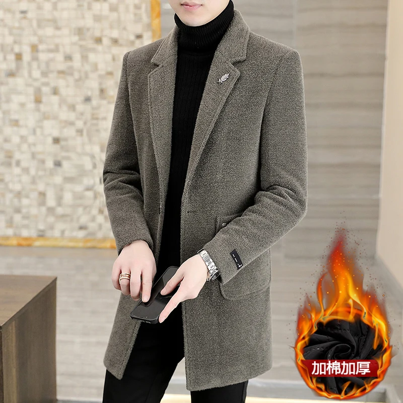 

2023 Boutique Woolen Coat Fashion Mid-length Autumn and Winter Korean Version Leisure Men's Woolen Coat Plus Cotton Thickening