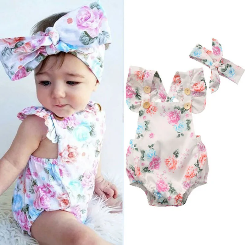

Baby Girls Floral Romper with Headband Ruffle Bodysuit 0-24M Newborn Infant Toddler Summer Casual Sleeveless Backless Jumpsuit