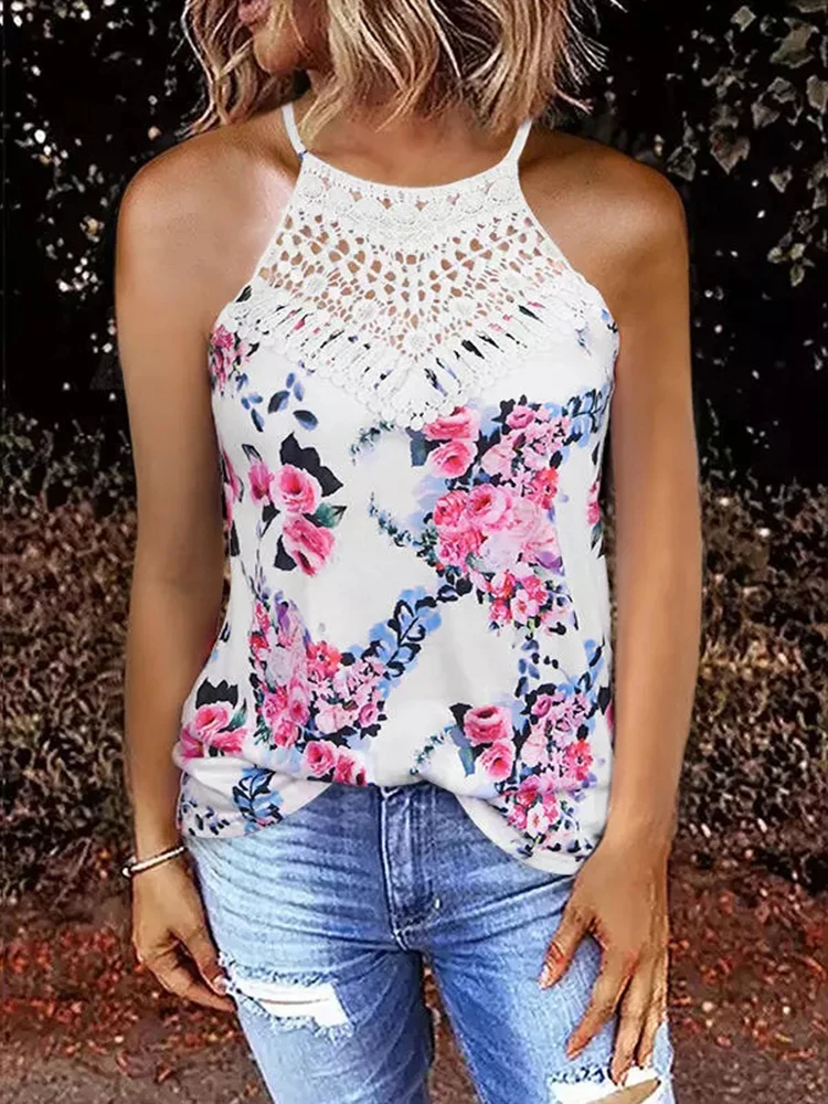 

2022 O Neck Women Sleeveless Floral Printed Tank Top Casual Loose Temperament Sexy Lace Patchwork T-Shirt Vest Female