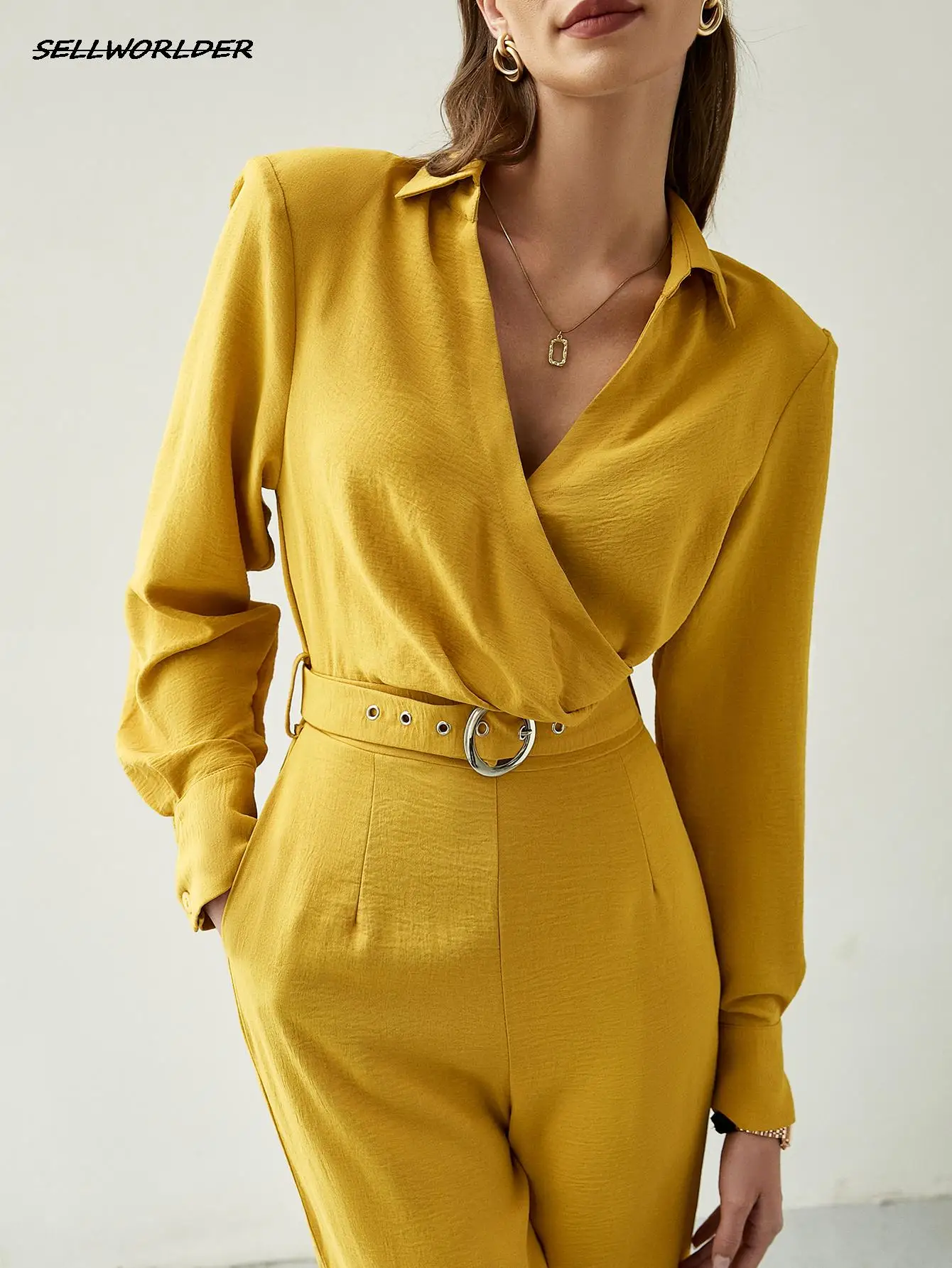 

Женский комбинезон с высокой талией, повседневный однотонный комбинезон с V-образным вырезом, длинными рукавами и широкими штанинами, с кар...