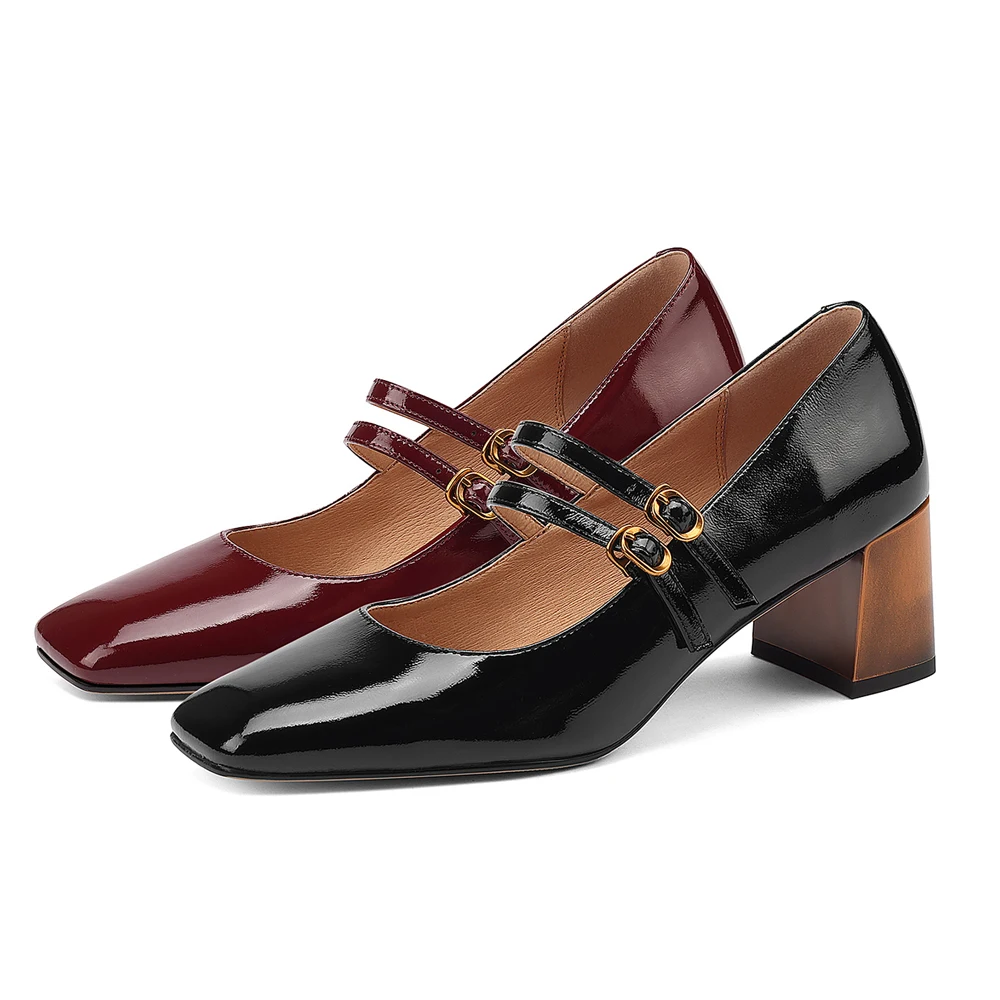 

2022Fashion Women Spring Summer Genuine Leather Designer Pumps High Heels Mary Janes Shoes Ladies Square Toes Chunky Heels Black